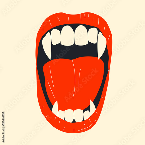 ampire mouth with fangs . Closed, open female red lips with long pointed canine teeth and bloody saliva express different emotions isolated on background Cartoon vector illustration, clip art
