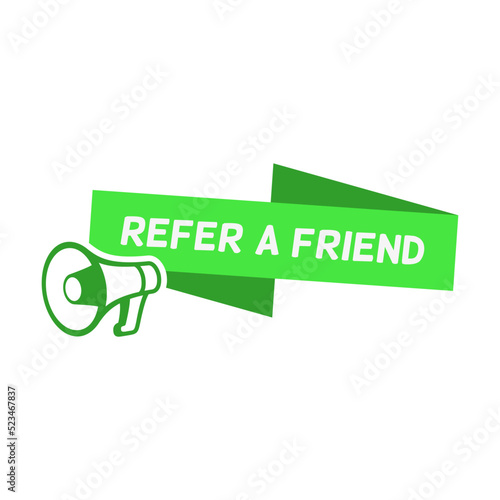 Refer friend announcement. Bright speech bubbles, ribbons megaphone, abstract shapes Vector illustration for referral program, recommendation, social marketing