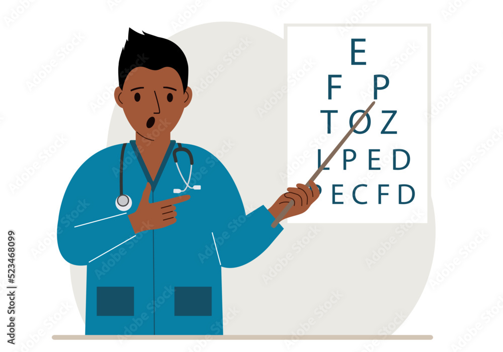 Ophthalmologist near the vision test table. Diagnosis and eye examination. Optometrist checks eyesight and chooses glasses. Ophthalmologist near the vision test table. Diagnosis and eye examination. Optometrist checks eyesight and chooses glasses.