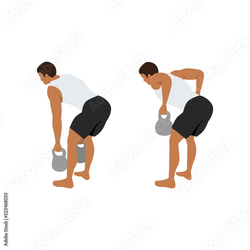 Man doing Two arm kettlebell row exercise. Flat vector illustration isolated on white background. workout character set