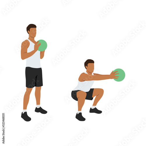 Man doing Medicine ball squat and reach exercise. Flat vector illustration isolated on white background