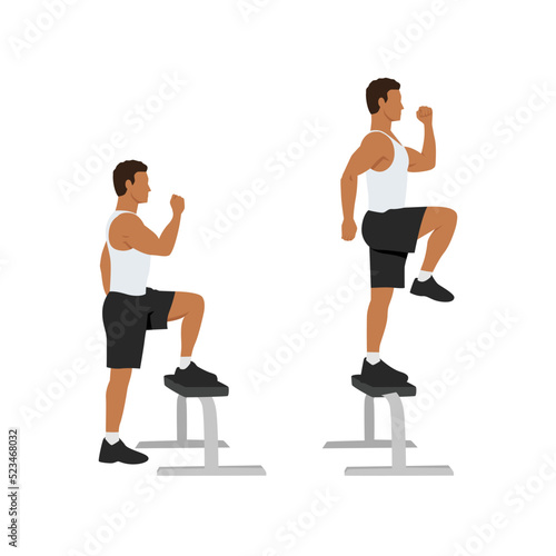 Man doing Step up with knee raises exercise. Flat vector illustration isolated on white background