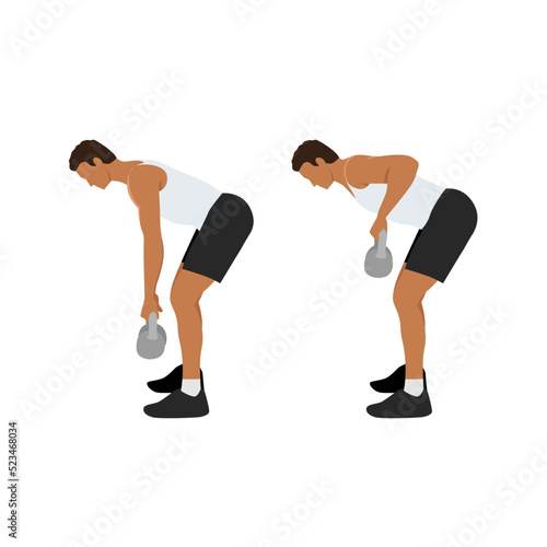 Man doing Two arm kettlebell row exercise. Flat vector illustration isolated on white background. workout character set