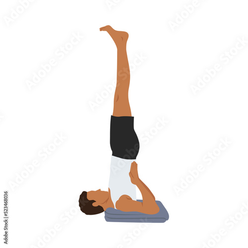 Man doing shoulder stand pose salami sarvangasana exercise. Flat vector illustration isolated on white background