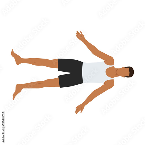 Man doing Shavasana or Corpse Pose. Yoga Practice exercise. Flat vector illustration isolated on white background