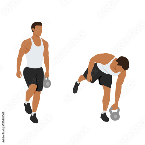 Man doing Kettlebell one legged deadlifts exercise. Flat vector illustration isolated on white background