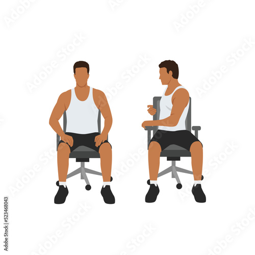 Man doing Chair spinal twist. ardha matsyendrasana exercise. Flat vector illustration isolated on white background 