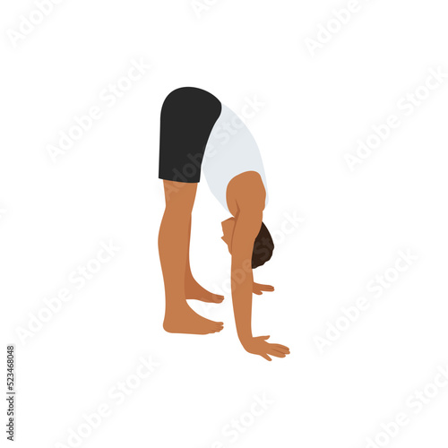 Man doing standing forward bend pose uttanasana exercise. Flat vector illustration isolated on white background