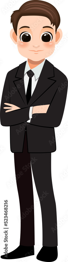 Flat icon with cute businessman cartoon character in office style smart black suit and crossed arms pose.