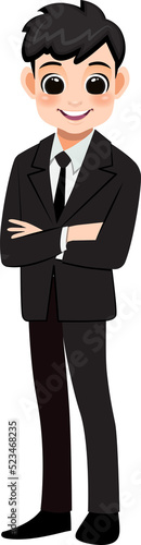 Flat icon with cute businessman cartoon character in office style smart black suit and crossed arms pose.