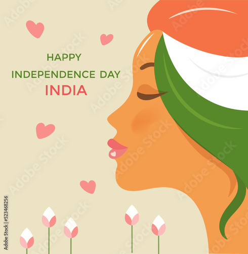 Indian independence day banner. Silhouette of a beautiful girl with Indian flag hair. The concept of celebrating Independence Day on August 15. Vector isolated flat design.