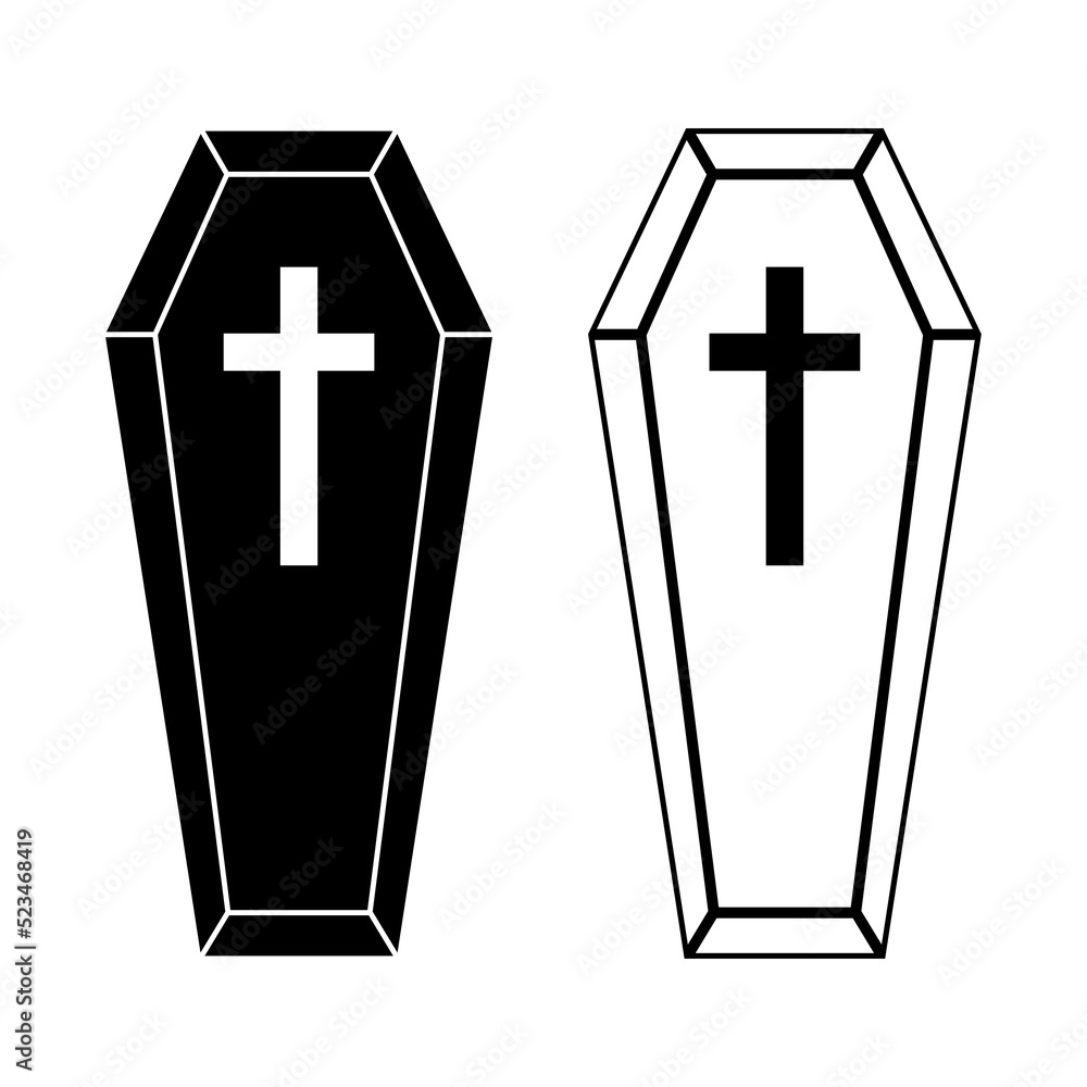 Coffin icons set. Wooden coffin black icon with cross. Coffin isolated symbol. Vector illustration. Coffin icons set. Wooden coffin black icon with cross. Coffin isolated symbol. Vector illustration.