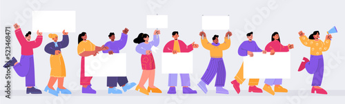 Protest demonstration, strike, march of people holding blank banners. Vector flat illustration of picket participants, activists with empty posters and megaphone