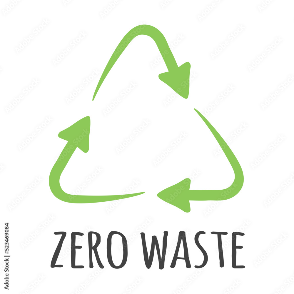 Zero waste label. Cartoon logo for eco activism vector illustration. Green recycling arrows and leaves. Planet and ecological protection concept Zero waste label. Cartoon logo for eco activism vector illustration. Green recycling arrows and leaves. Planet and ecological protection concept