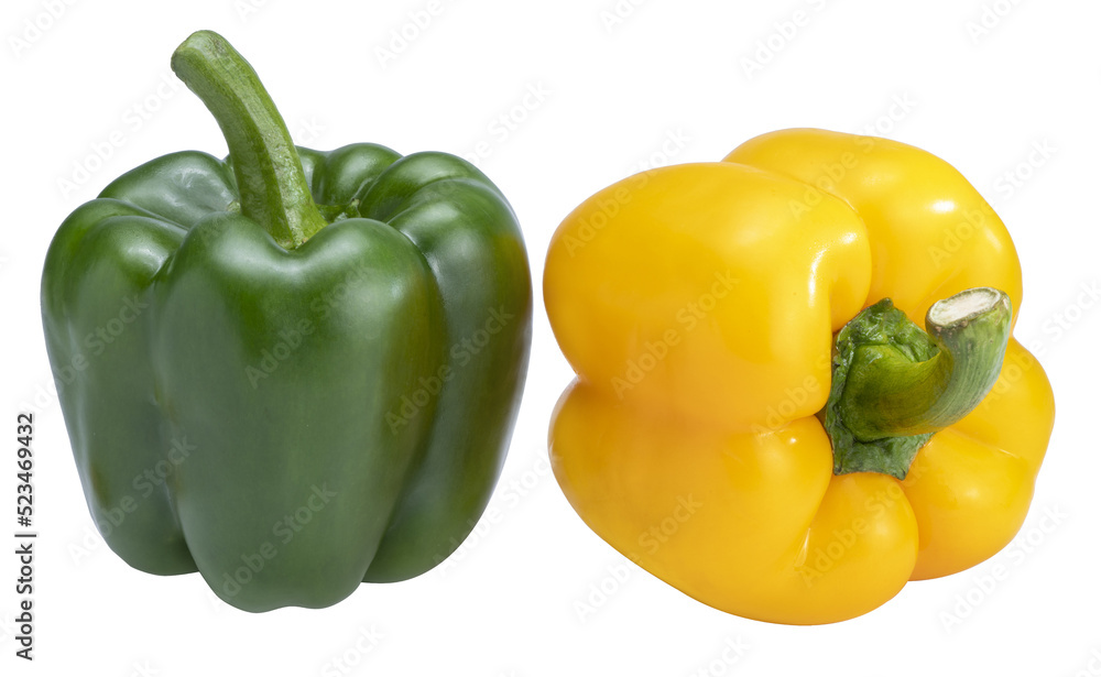 Green and Yellow sweet Bell pepper isolated on white background. Sweet pepper isolated on a white background With png file. Green and Yellow sweet Bell pepper isolated on white background. Sweet pepper isolated on a white background With png file.