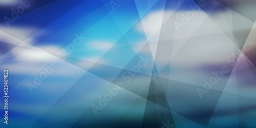 Silver Grey and Blue 3D Glowing Triangle Shaped Translucent Overlaying Planes, Geometric Shapes Pattern on Abstract Blurred Cloudy Sky Background, Texture Design, Wide Scale Vector Template