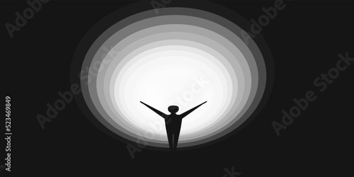 New Possibilities, Hope - Business Finding Solution Vector Concept - Businessman Standing in Dark, Symbol of Light at the End of the Tunnel