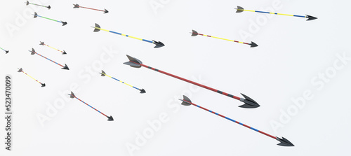 Many arrows on wide white background. Challenge, guide and goal concept. 3D Rendering.