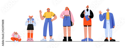 Life cycle of woman from baby age to elder. Caucasian female person lifespan phases. Girl infant, toddler, teenager, student, adult and old woman isolated on white background, vector flat illustration