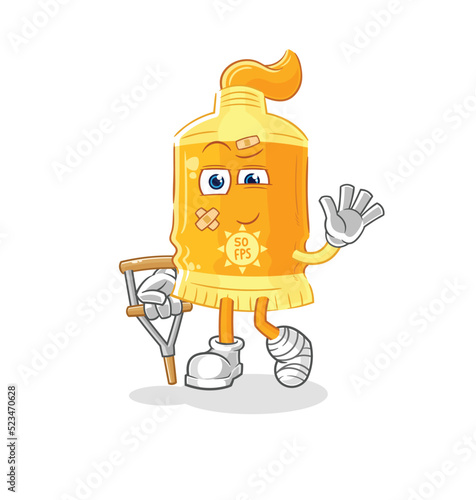 sunscreen sick with limping stick. cartoon mascot vector