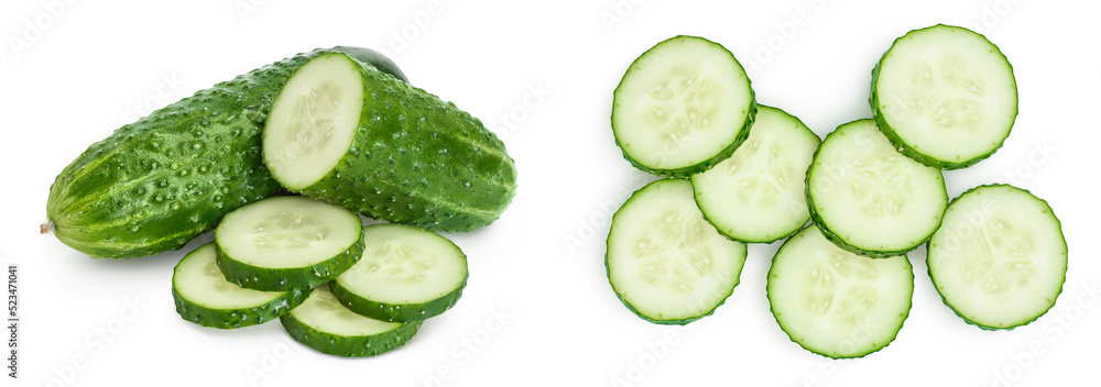 Sliced cucumber isolated on white background with full depth of field. Set or collection Sliced cucumber isolated on white background with full depth of field. Set or collection
