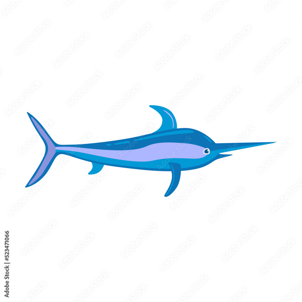 Various marine animals flat icon. Cartoon cute swordfish isolated vector illustration. Sea or ocean underwater life
