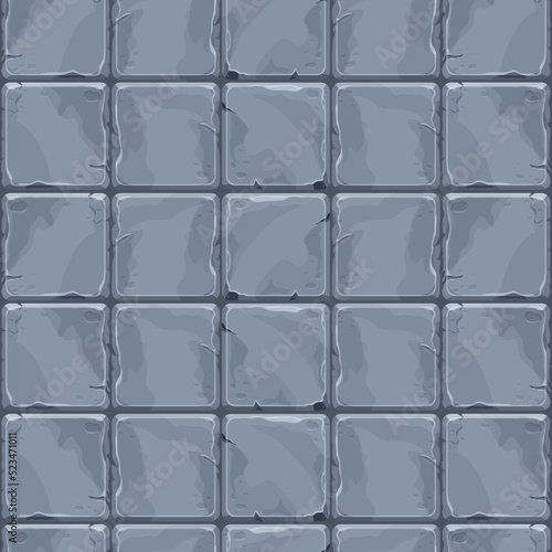 Stone wall from bricks, rock, game background in cartoon style, seamless textured surface. Ui game asset, road or floor material