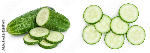 Sliced cucumber isolated on white background with full depth of field. Set or collection