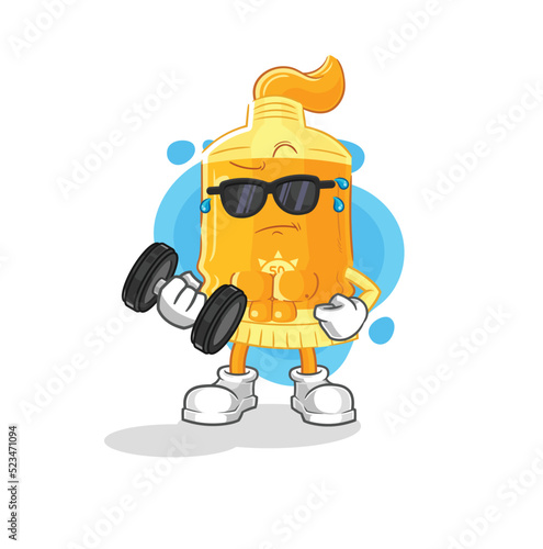 sunscreen lifting dumbbell vector. cartoon character