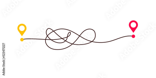 Complicated way and simple path from point A to B. Plans and real life chaos simplifying. Curved dashed line. Vector illustration