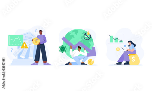 Financial crisis illustrations set. Characters, office workers with economic, investment, and business problems. Global crises, stock market collapse, bankruptcy. Vector isolated illustrations.
