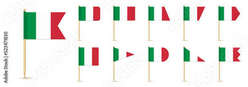 Italy toothpick flag isolated on wood stick with white paper. Realistic little tooth pick for lunch. Vector cocktail decoration