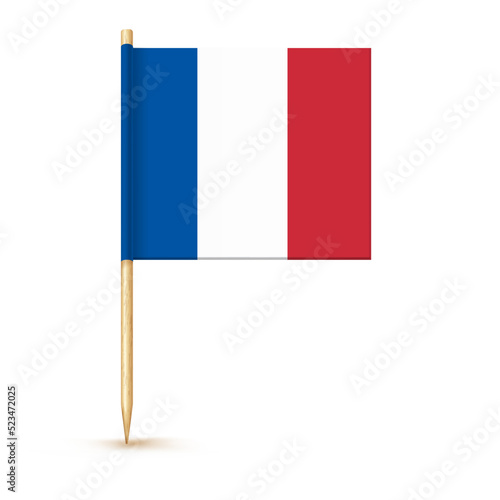 France toothpick flag isolated on wood stick with white paper. Realistic little tooth pick for lunch. Vector cocktail decoration