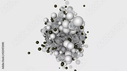 3d animation. Many small balls scatter and then gather into one big ball. Geometry, abstract background or screensaver.