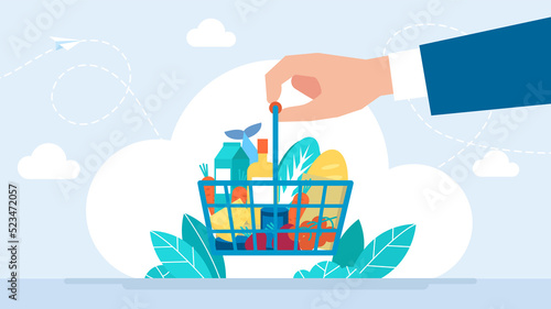 Humanitarian help. Generosity, hospitality, charity. Full shopping cart with fresh grocery products. Businessman make a donation. The gratitude of people. Flat design. Business illustration