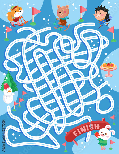 Maze activity for children. Game for kids. Draw each track that the skiers will take. Who will win the competition. Cute little animals in nature. Vector illustration.