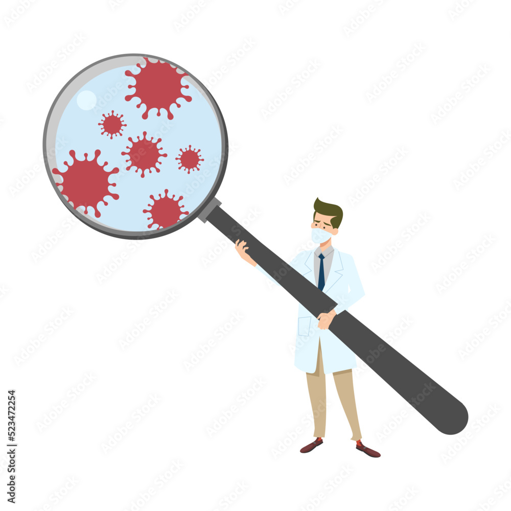 Microbiologists analyzing infection in lab with magnifying glass. Coronavirus research, pandemic, epidemiology concept Microbiologists analyzing infection in lab with magnifying glass. Coronavirus research, pandemic, epidemiology concept