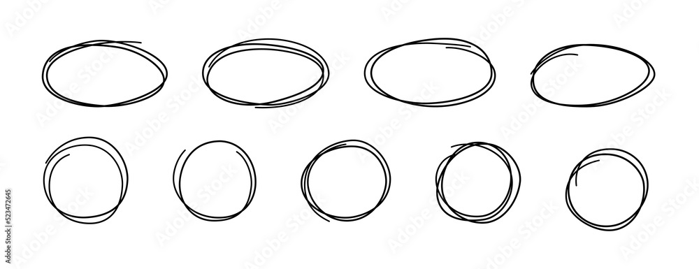 Hand drawn scribble lcircles and ovals. Doodle sketch underlines. Highlight circle frames. Ellipses in doodle style. Set of vector illustration isolated on white background.