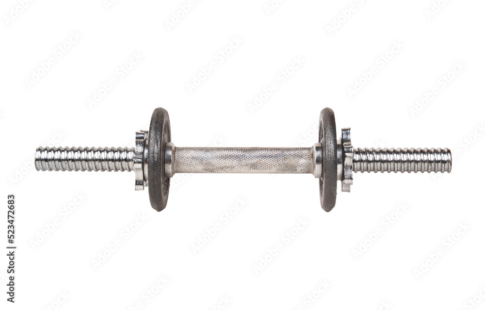 Fototapeta premium Metal, slightly rusty stacked dumbbell isolated on a white background