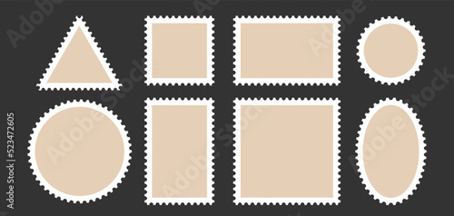 Postage stamp frames set. Empty border template for postcards and letters. Blank rectangle and square vintage postage stamps with perforated edge. Vector illustration isolated on white background.