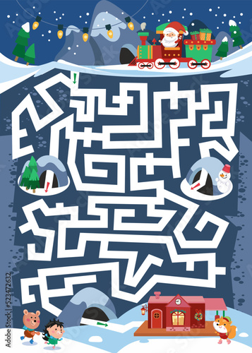 Activity maze for kids. Game for children. Help Santa Claus get to the central station through the tunnels. Funny cartoon character. Vector illustration.