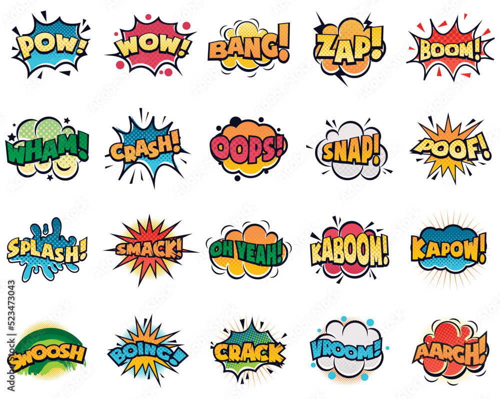 Comic speech bubble. Cartoon comic book text clouds. Comic pop art book pow, oops, wow, boom exclamation signs vector comics words set. Creative retro balloons with funny slang phrases and expressions