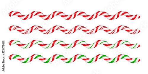 Christmas candy cane wave lines with red, green and white striped. Xmas lines with striped candy lollipop pattern. Christmas and new year element. Vector illustration isolated on white background.