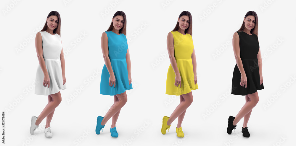Mockup of a summer dress wave on a beautiful girl in moccasins, white, black, blue, yellow sundress for design, advertising, front view. Mockup of a summer dress wave on a beautiful girl in moccasins, white, black, blue, yellow sundress for design, advertising, front view.