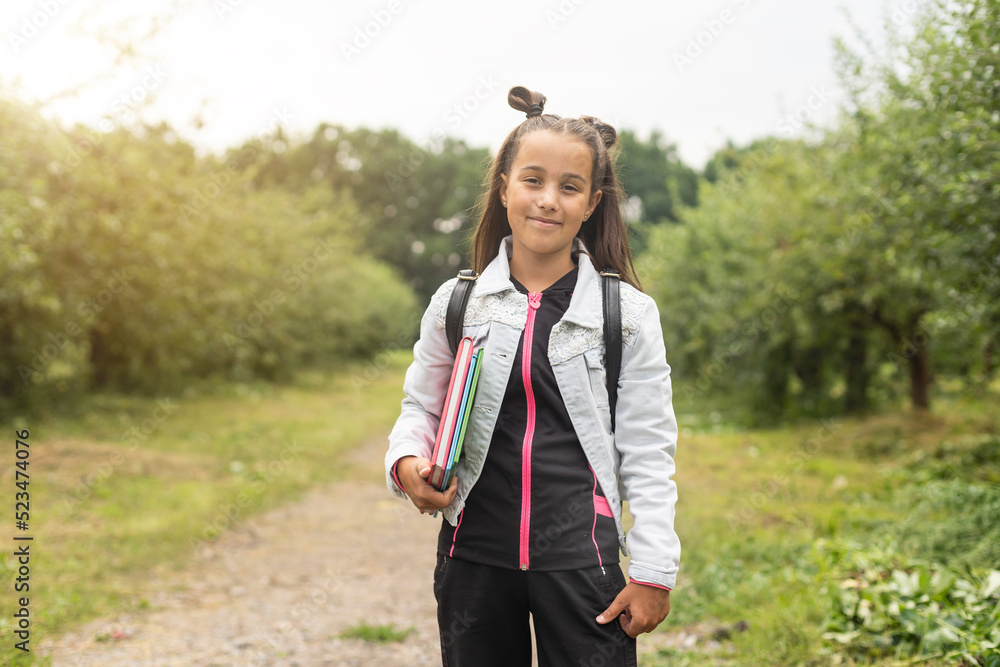 Child going back to school. Start of new school year after summer vacation. Little girl with backpack and books on first school day. Beginning of class Child going back to school. Start of new school year after summer vacation. Little girl with backpack and books on first school day. Beginning of class