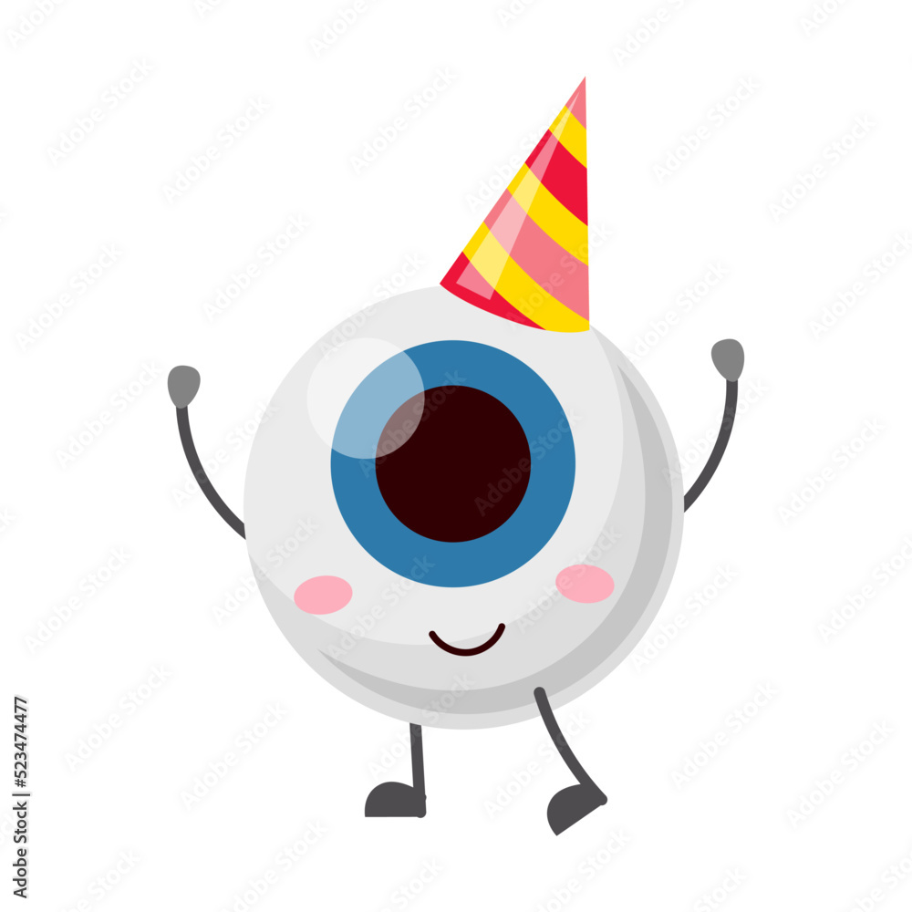 Fototapeta premium Cute, funny eyeball character. Cartoon vector illustration. Human organ of vision in various images, in hat, with pencil, catching butterflies
