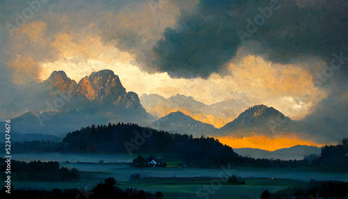 Bavaria Field Mountains Dramatic Sky Painting