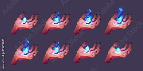 Witch hands with magic power animation sprite sheet. Sequence frame of creepy female palm with long nails holding blue glowing flame. Evil woman casting Halloween spell Cartoon vector illustration set