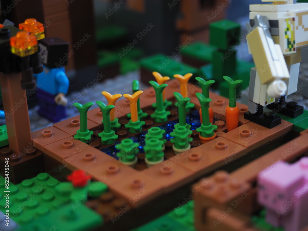 Naklejka premium Elements and fragments of Lego village world set. Characters of electronic game Minecraft. Children's designer with small details, developing motor skills and imagination.
