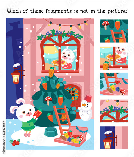 Find the hidden fragments. Game for children. Cute mother rabbit carries Christmas cake. Little bunny girl decorates Christmas tree. Characters and background in cartoon style. Vector illustration.